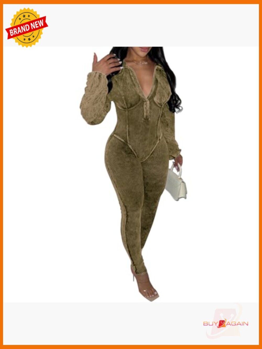 Womens Casual V Neck Long Sleeve Jumpsuit Romper Bodycon One Piece - Picture 3 of 5